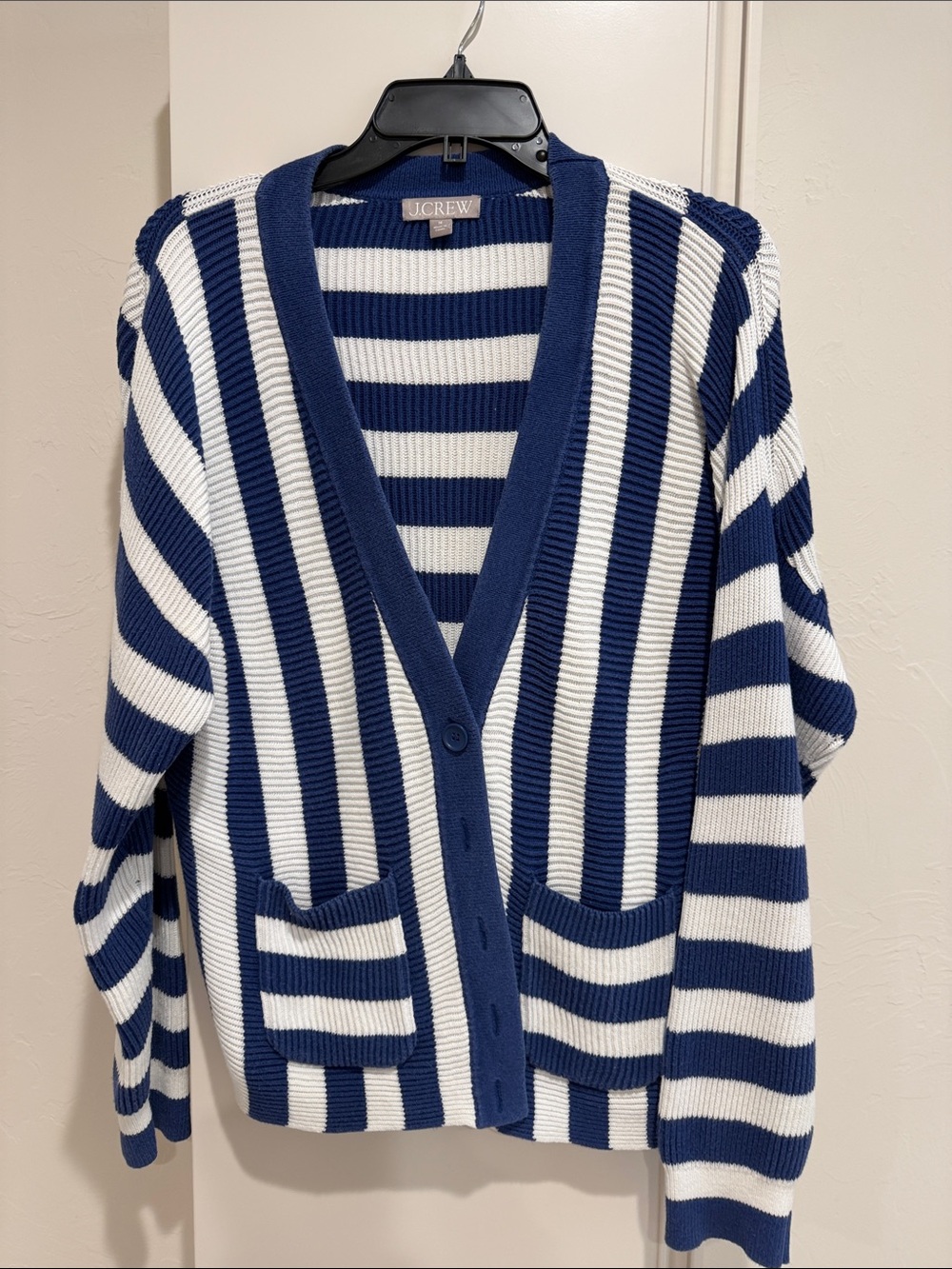 J. Crew Blue and White Striped V-Neck Cardigan